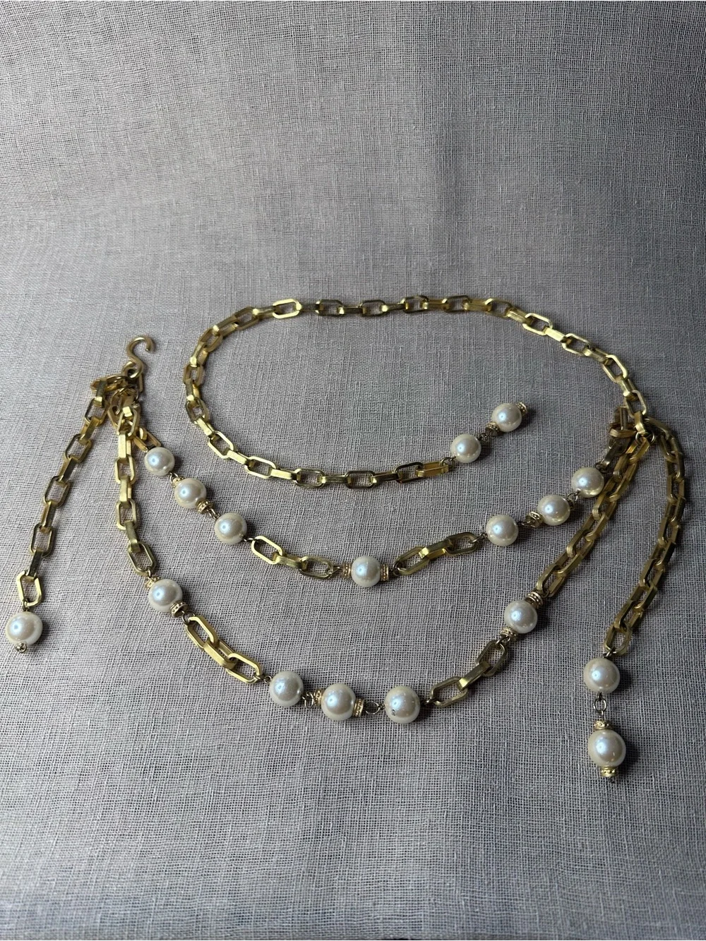 Vintage 80s Gold Chain Belt Faux Pearl Swag Link Boho Adjustable Necklace